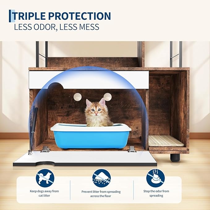 2-in-1 Hidden Cat Litter Box Enclosure Furniture with 4-Tier Shelves & Scratching Post, Large Wooden Cat Litter Cabinet for Most Litter Boxes, Brown