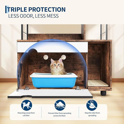 2-in-1 Hidden Cat Litter Box Enclosure Furniture with 4-Tier Shelves & Scratching Post, Large Wooden Cat Litter Cabinet for Most Litter Boxes, Brown