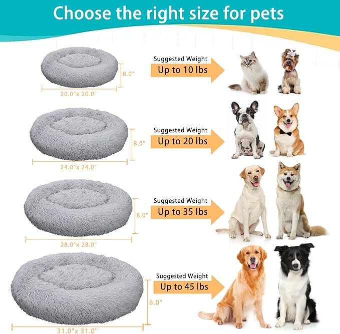 Calming Small Dog Bed, Donut Fluffy Anti-Anxiety Round Washable Cute Bed, Plush Cozy Cuddler Warming Soft Comfort Pet Bed for Small Medium Dogs Cats, 28inch,Light Grey
