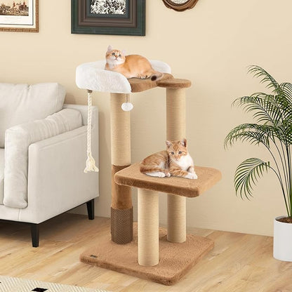 PETSITE 44-inch Modern Cat Tree for Indoor Cats, Multi-Level Cat Tower with Paper Rope Scratching Posts, Self Groomer, Sisal Rope, Soft Faux Rabbit Fur Covered Platforms, and Dangling Ball