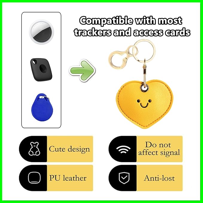 Leather Keychain Holder Case Compatible with AirTag,Cute Protective Cover with Keyring,Anti-Scratch Finder GPS Tracker Case for Wallet Keys,bag,pets,Backpack(Yellow Heart)