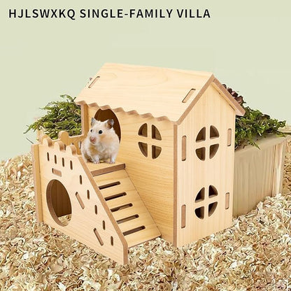 Natural Wood Hamster Habitat Hideout Cage Accessories, Maze Cabin with Fun Slide & Double-Decker House, Exercise Toys for Dwarf Hamsters, Gerbils, Mice, Other Small Animals(Only for Small Hamster E)