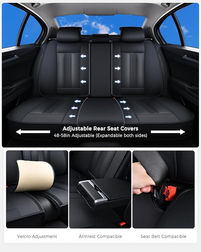 Huidasource Back Seat Cover, Nappa Leather Back Car Seat Cover with Ventilation Holes, Velcro Adjustable, Compatible with Armrests, Seat Belts, Child Safety Seats, Fit for Most Cars SUV Trucks, Black