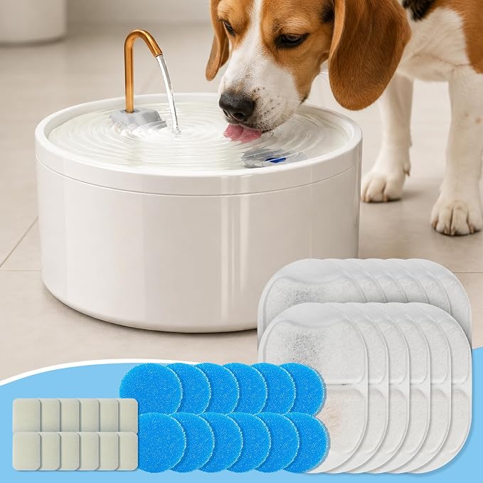 MISFANS Ceramic Dog Water Fountain Filters, 12 Pack Replacement Filters & 12 Pack Replacement Pre-Filter Sponges Set for MISFANS and Other Ceramic Dog Fountain Water Dispenser