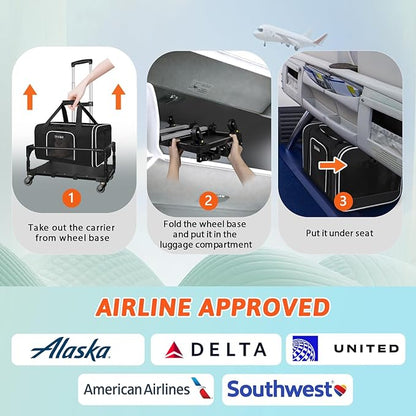 Petskd Small Pet Carrier with Wheels (17" L x 11" W x 9.5" H), Alaska Airlines Approved, Rolling Pet Carrier for Small Dogs & Cats (Black)