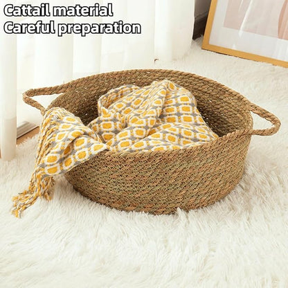 Rattan Cat Litter Pet Bed for Home Pet Supply Pet Sleeping Cat Beds Rattan Cat Dog Kitten Bed Basket Cooling Pet Nest Cat Supply Indoor Cat Cattail Grass to Weave (Cattail Split,Large)