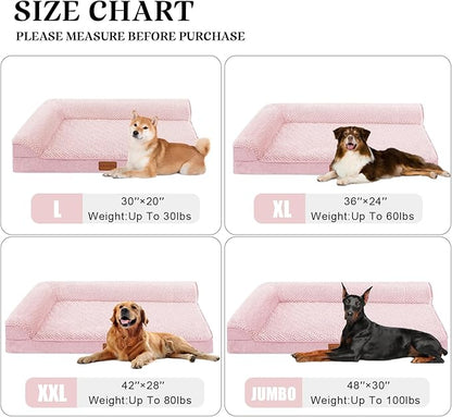 Orthopedic XL Dog Bed Large Sized Dog 42''X28'', Waterproof L Bolster Egg Crate Foam Big Pet Crate Beds with Washable Removable Cover, Non-Slip Soft Pet Couch Sleep Mat, Pink