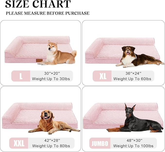 Orthopedic Dog Bed Medium Size Dog 30''X20'', Waterproof L Bolster Egg Crate Foam Pet Crate Beds with Washable Removable Cover, Non-Slip Soft Pet Couch Sleep Mat, Pink