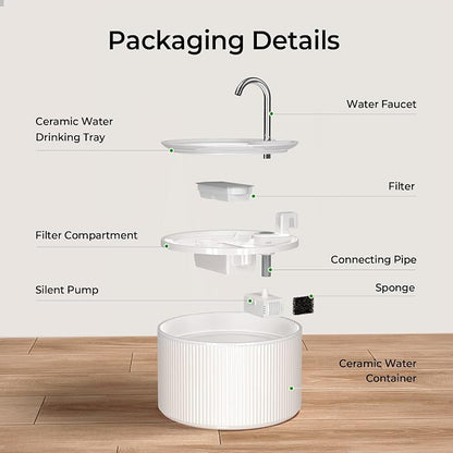 Voluas 2.2L Ceramic Cat Water Fountain with 3 Filter Automatic Pet Fountain | 74oz capacity, ceramic bowl, 4-layer filtration, ultra-quiet pump, faucet and bubbling modes, easy to clean, dishwasher-safe