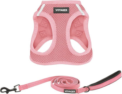 Best Pet Supplies Voyager Step-in Air All Weather Mesh Harness and Reflective Dog 5ft Leash Combo with Neoprene Handle, for Small, Medium and Large Breed Puppies - Set (Pink), X-Large