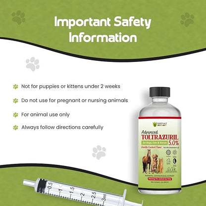 SHEVAT VITAMINS Advanced Toltrazuril 5.0% for Dogs, Cats & Horses – 60 mL / 2 oz Bottle – Vanilla Flavor – Oral Suspension – Easy-Dose Liquid – Includes 3 mL Dropper – Animal Use Only