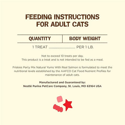 Friskies Purina Natural Cat Treats Party Mix Natural YUMS with Real Salmon and Added Vitamins, Minerals and Nutrients - 20 Oz. Canister (Pack of 2)