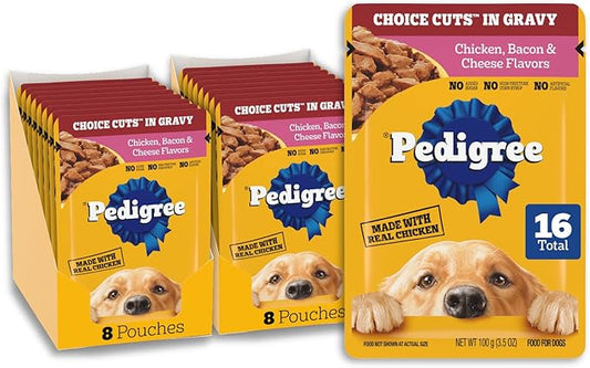 Pedigree Choice Cuts in Gravy Adult Wet Dog Food 16-Count Chicken, Bacon, & Cheese Flavors, 3.5 oz. Pouches