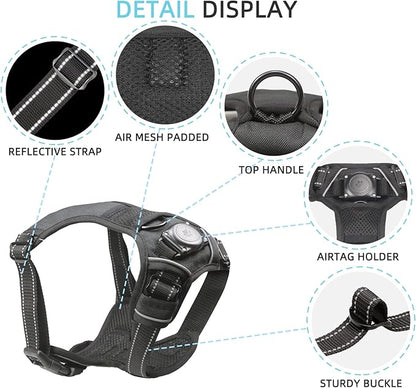 AirTag Dog Harness, Integrated Dog Vest with 100% Waterproof Air Tag Holder, No-Pull No-Choke Reflective Dog Vest Harness with Apple Air Tag Case for Small Medium Large Dogs (Black, XL)