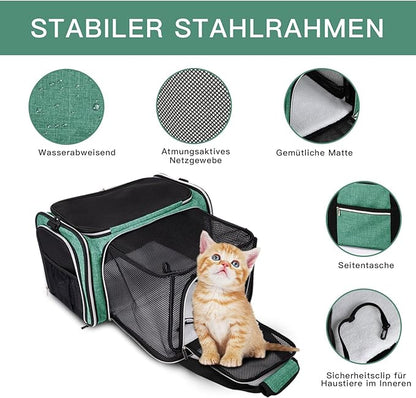 BAGLHER Expandable Cat Carrier with Travel Litter Box, Pet Travel 5 Sides Open Doors 3 Sides, Leak-Proof and Collapsible, for Car, Airplane Trip, Green