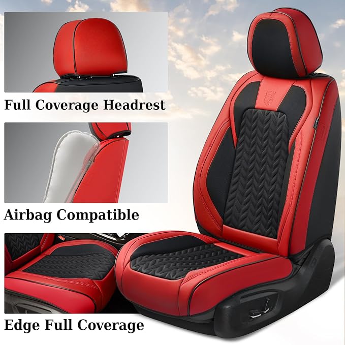Coverado Seat Covers Full Set, 5 Seats Car Seat Protector, Seat Covers for Cars, Breathable Faux Leather Car Seat Cushion, Seat Cover Universal fit for Most Cars Trucks, Red
