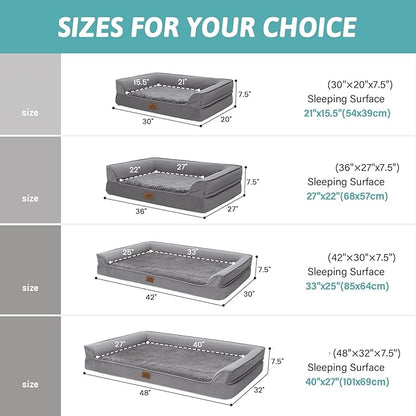 COZY KISS Orthopedic Dog Beds for Large Sized Dog, XL Bolster Pet Couch with Waterproof Lining, Egg Crate Foam Sofa for Pets Up to 100 lbs, U-Shaped, 42x30x7.5 inch, Grey