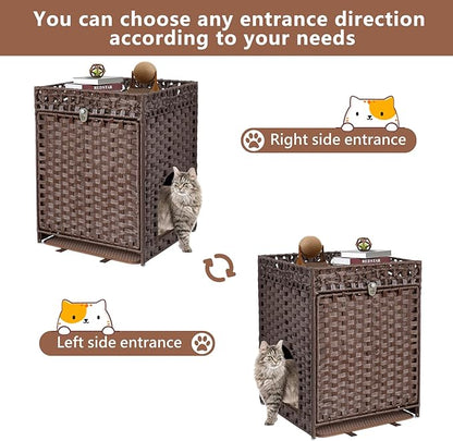 KOUSEI Handwoven Rattan Cat Litter Box Enclosure Furniture - Hidden Indoor Pet House with Door & Mat, Discreet Washroom Cabinet for Living Room and Bedroom, Brown