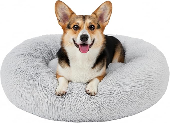 Soft Round Dog & Cat Bed, Anti-Anxiety Donut Cuddler with Anti-Slip Bottom Cozy Fluffy Pet Bed for Medium Large Dogs and Cats, 30inch, Grey