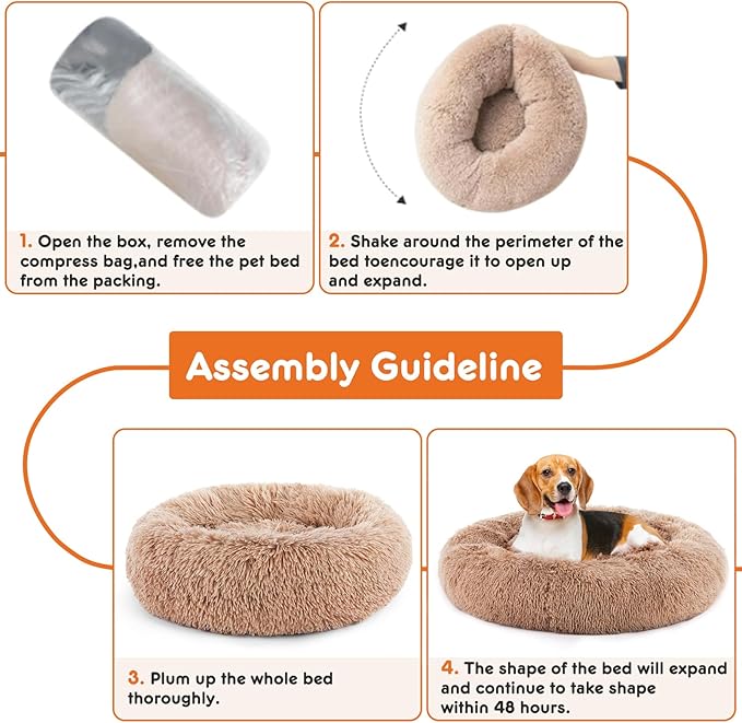 Sweetcrispy 30.7"x30.7" Donut Dog Bed, Large Round Calming Cat Bed with Washable Waterproof Cushion, Anti-Anxiety & Anti-Slip Fluffy Cuddle Cozy Faux Fur Plush for Pet Puppy Indoor Sleeping, Brown