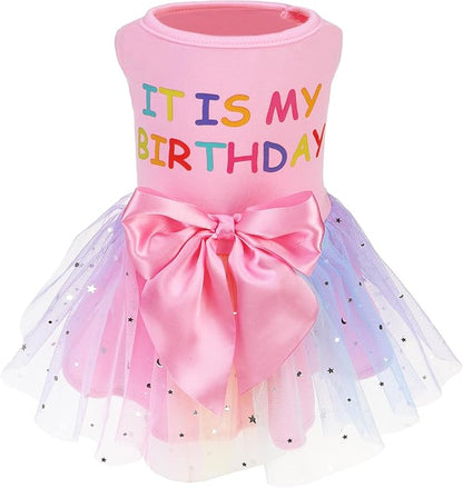 PUPTECK Print Dog Dress Pet Apparel for Birthday with Cute Bowtie Puppy Clothes Outfit, S