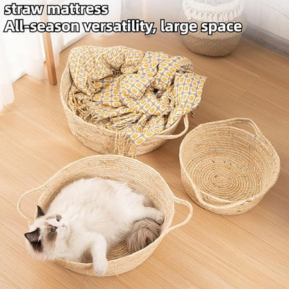 Rattan Cat Litter Pet Bed for Home Pet Supply Pet Sleeping Cat Beds Rattan Cat Dog Kitten Bed Basket Cooling Pet Nest Cat Supply Indoor Cat Cattail Grass to Weave (Corn Flakes,Medium)
