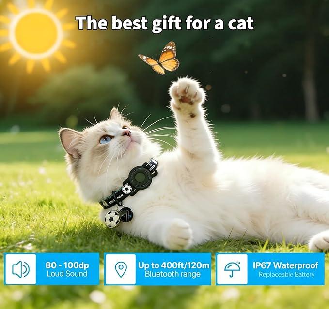 GPS Collar for Cats (Android Only) Pet Tracker, Soccer Style Smart Tag Compatible with Google Find My, Waterproof No Monthly Fee Cat Tracking Collar, Game Day Football Design for Pet Safety