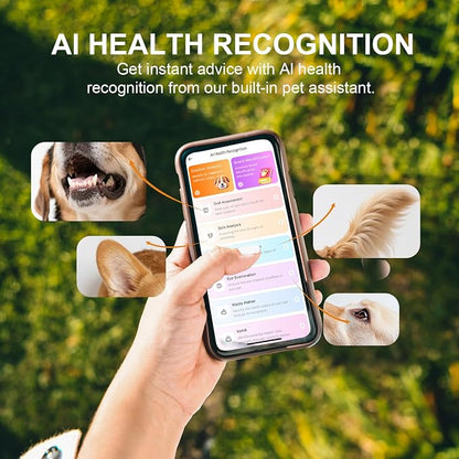 A hand holds a smartphone showing a pet health app interface, with inset images of a dog's mouth, ear, feather, and eye, over a blurred green outdoor background. Text at the top reads, 'AI HEALTH RECOGNITION Get instant advice with AI health recognition from our built-in pet assistant.