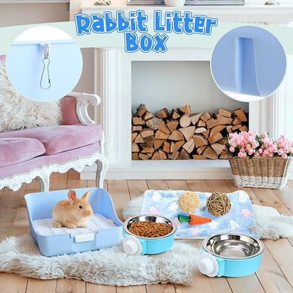 Reallnaive 15 Pcs Rabbit Starter Kit Small Rabbit Litter Box Girls Gift Animal Grooming Kit Bunny Toys Bowl Blankets with Cleaning Set for Guinea Pig Accessories(Candy Blue)