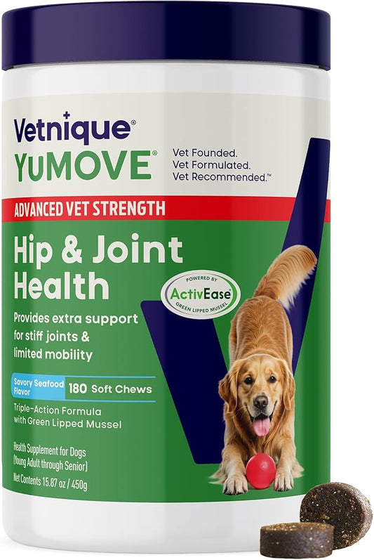 YuMOVE Hip & Joint Supplement for Dogs with Glucosamine, Hyaluronic Acid, Green Lipped Mussel & Omega 3 Joint Supplement - Regular or Advanced Strength (180ct Chews, Advanced Strength)