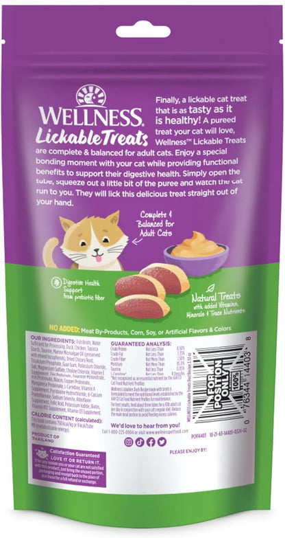 Wellness Lickable Treats Soft Puree Natural Grain Free Adult Cat Treats, Duck Recipe, Contains 6-0.4 Ounce Squeezable Tubes