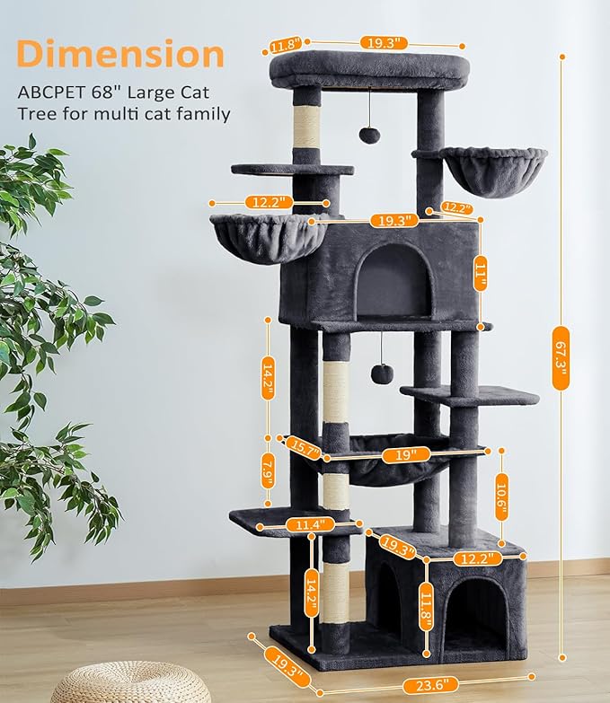 ABCPET Cat Tree Large Cat Tower Tree 68" Multi-Level Cat Tower for Indoor Cats with Sisal Scratching Posts, Widen Cat Perche, Square Hammock, 2 Widen Condos, Scratching Posts, Grey
