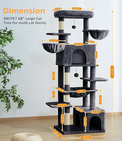 ABCPET Cat Tree Large Cat Tower Tree 68" Multi-Level Cat Tower for Indoor Cats with Sisal Scratching Posts, Widen Cat Perche, Square Hammock, 2 Widen Condos, Scratching Posts, Grey
