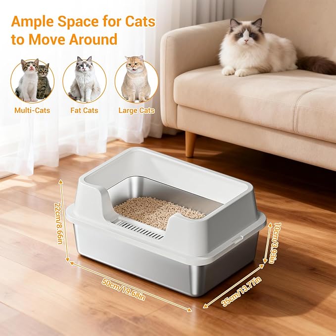 Enclosed Stainless Steel Cat Litter Box with Lid Extra Large Litter Box for Big Cats XL Metal Litter Pan Tray with High Wall Sides Enclosure, Non-Sticky, Anti-Leakage, Easy Cleaning