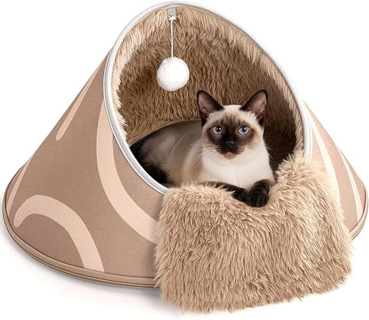 BurgeonNest 20-Inch Round Cat Bed Cave, Enclosed Hooded Pet House for Indoor Kittens, Anti-Collapse EVA Shell with Cord Access for Heating Pad, Washable Soft Plush, Brown
