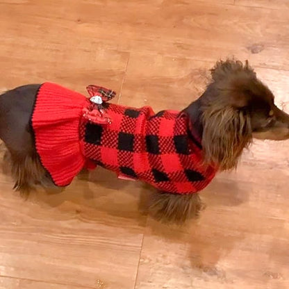 KYEESE Dog Christmas Sweater Dress with Bowtie Checkered, Turtleneck Dog Sweater for Small Dogs Girl with Leash Hole, Holiday Warm Pet Sweaters Dress, Red, Medium
