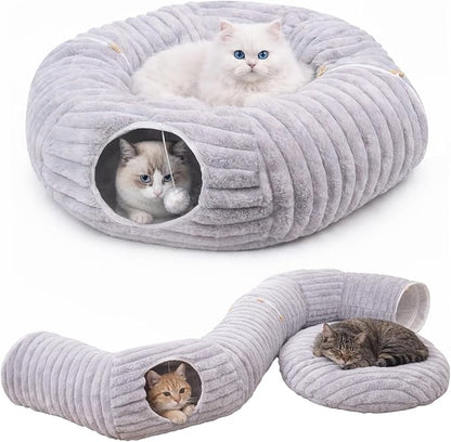 Dogpals Ultra-Soft Cat Tunnel Bed - Soft Washable Cushion, Peekaboo Hideaway Cave for Indoor Cats, Kittens, Puppies, and Rabbits - Deluxe Upgraded with Luxurious Striped Hare-Feel Fabric (Grey)