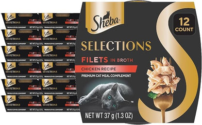 Sheba Selections Filets in Broth, Adult Cat Food Wet Recipe, Meal Complement, Chicken Recipe, 1.3 oz. Cups, 12 Count