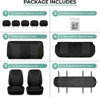 FH Group Automotive Car Seat Covers Full Set Premium 3D Air Mesh Front Seat Covers, Airbag Compatible & Split Bench Cover Universal Fit Interior Accessories for Cars Trucks and SUVs - Black