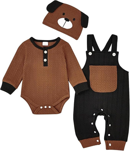 FOCUTEBB Baby Boy Clothes Cute Long Sleeve Romper Infant Pocket Overalls Adjustable Suspender Pants Set 0-18 Months