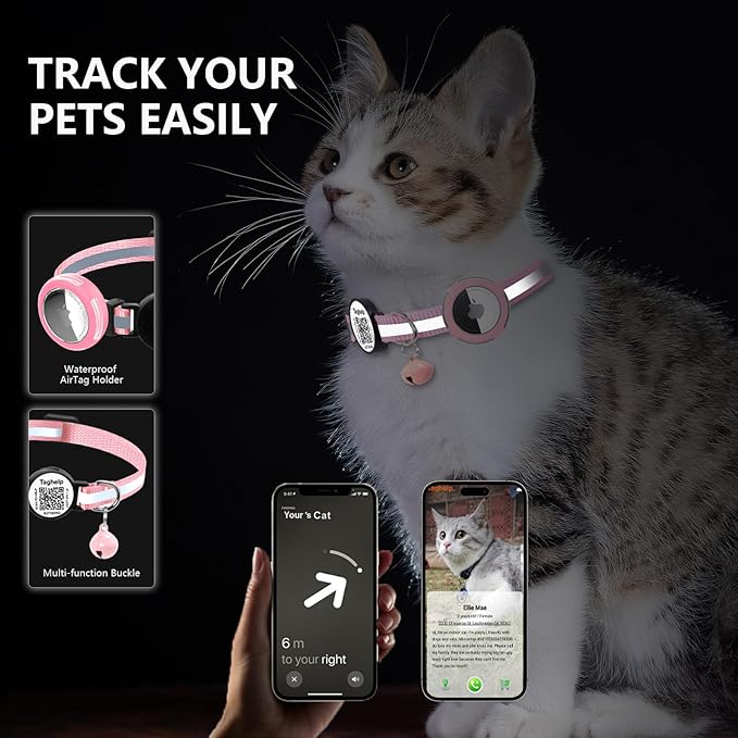 Waterproof Breakaway Cat Collar with AirTag Holder & Smart QR ID Tag - Reflective Safety Tracker Collar for Cats, Kittens, Puppies-Compatible with Apple AirTag, GPS Tracking for Girl&Boy Pets (Pink)