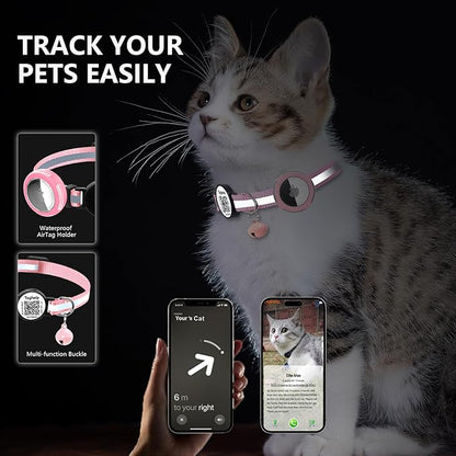 Waterproof Breakaway Cat Collar with AirTag Holder & Smart QR ID Tag - Reflective Safety Tracker Collar for Cats, Kittens, Puppies-Compatible with Apple AirTag, GPS Tracking for Girl&Boy Pets (Pink)