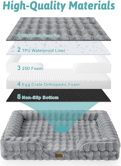 COZY KISS Orthopedic Dog Bed for Extra Large Dog 44x32 inch, XL Faux Fur Pet Sofa, Bolster Foam Bed with Sides, Non-Slip and Egg-Crate Big Dog Couch Bed with Washable Removable Cover, Grey