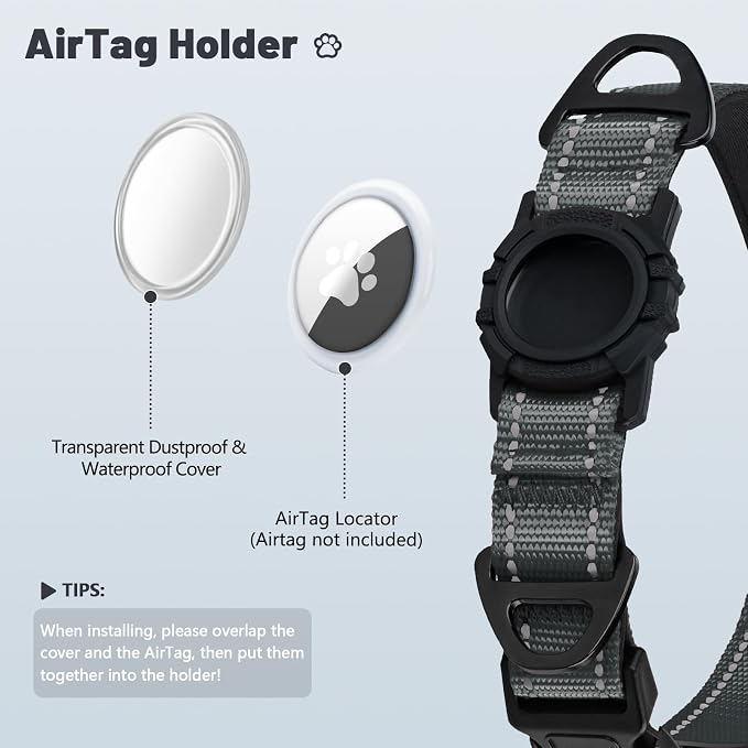 Taglory AirTag Dog Collar with Waterproof Holder for Large Dogs, Gray, L | Reflective for Night Walks & Low-Light Safety, Track Your Pup Peace of Mind, Adjustable Soft Padded, No More Dangling Tags