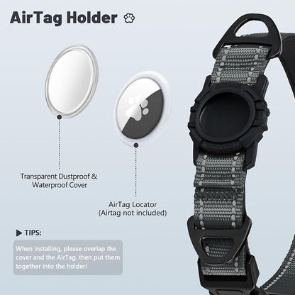 Taglory AirTag Dog Collar with Waterproof Holder for Medium Dogs, Gray, M | Reflective for Night Walks & Low-Light Safety, Track Your Pup Peace of Mind, Adjustable Soft Padded, No More Dangling Tags