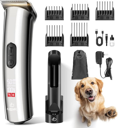 Professional Dog Grooming Clippers with Charging Dock, 5-in-1 Adjustable Blade Cordless Pet Grooming Kit 5 Speed Rechargeable Trimmer Hair Shaver with Detachable Guide Combs for Animal Horse