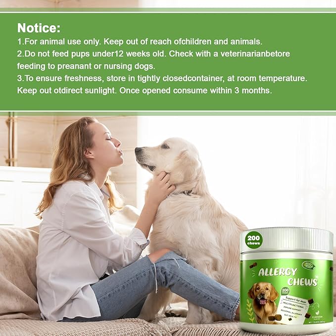 Dog Allergy Chews Itching Skin Relief & Immune Support,Dogs is Human Multivitamin Itch Relief for Yeast, Seasonal Allergies Itchy Skin and Itchy Ears, Gut Health, Chicken- 200ct