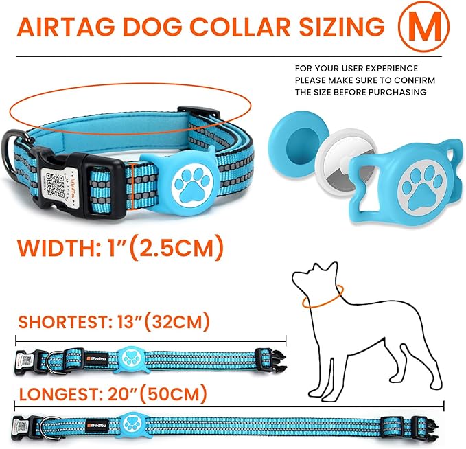 AirTag Dog Collar for Medium Dogs, IP68 Waterproof Air Tag Dog Collar with Apple AirTag Holder, Reflective, Padded Lining, QR Code Personalized Dog Tags(Blue, Medium)