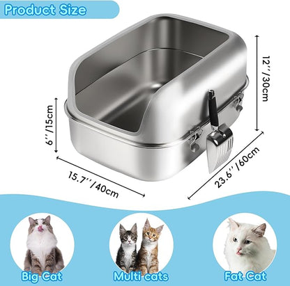 Stainless Steel Cat Litter Box, 23.6" L x 15.7" W x 11.8" H Extra Large Semi Enclosed Removable Metal Litter Tray with High Sided Enclosure, Scoop, Non-Sticky, Easy Cleaning