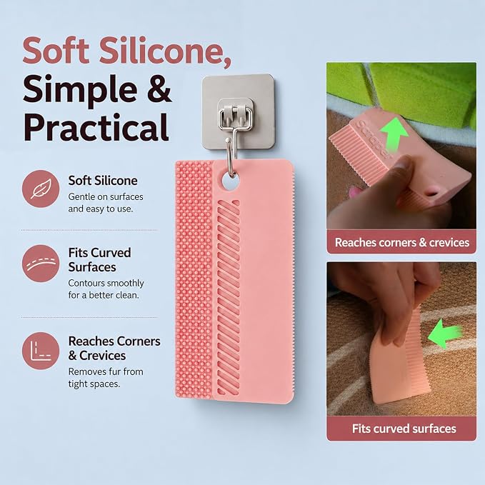 2 Pack Reusable Pet Hair Remover and Fabric Lint Scraper Set, Pink | Double-sided lint remover and flexible fabric scraper for dog cat hair on clothes, sofas, bedding, rugs and car seats.